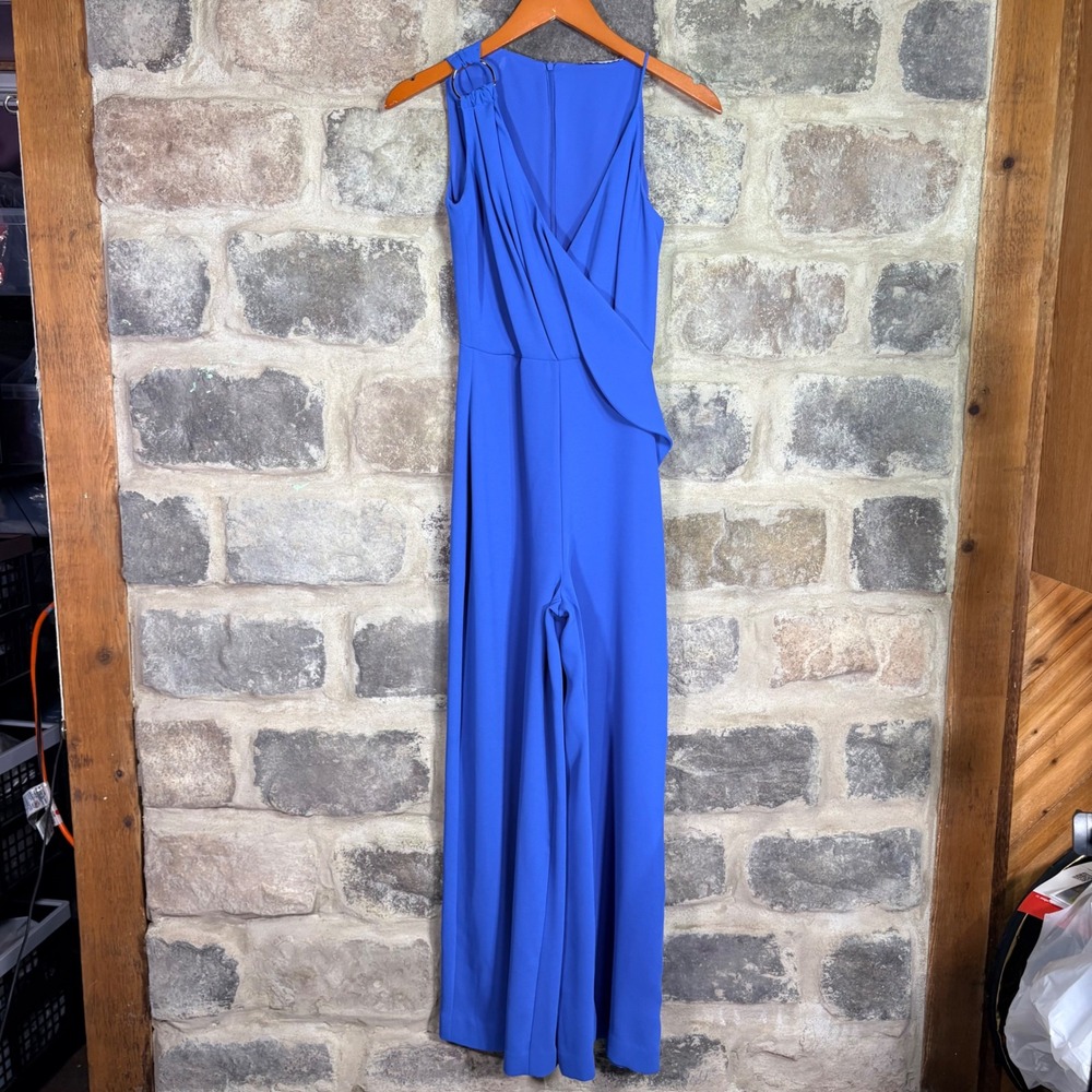 Mango MNG Suit Royal Blue Wide Leg Jumpsuit O-Ring Wrap V-Neck Sleeveless XXS